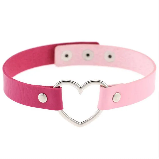 Gothic Punk Style Multi Color Alloy Heart Pendant PU Leather Choker Necklace Collar 90s Grunge Heart Choker