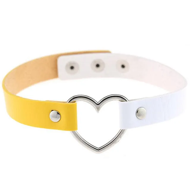 Gothic Punk Style Multi Color Alloy Heart Pendant PU Leather Choker Necklace Collar 90s Grunge Heart Choker