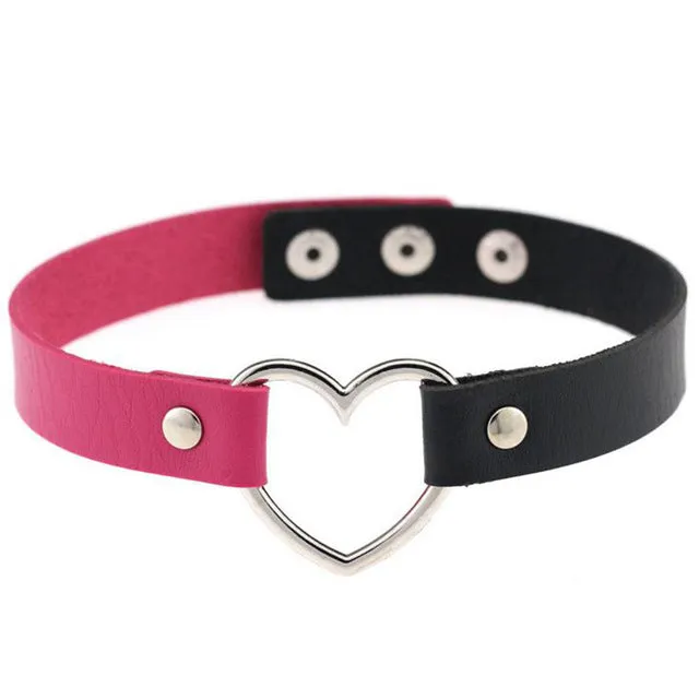 Gothic Punk Style Multi Color Alloy Heart Pendant PU Leather Choker Necklace Collar 90s Grunge Heart Choker