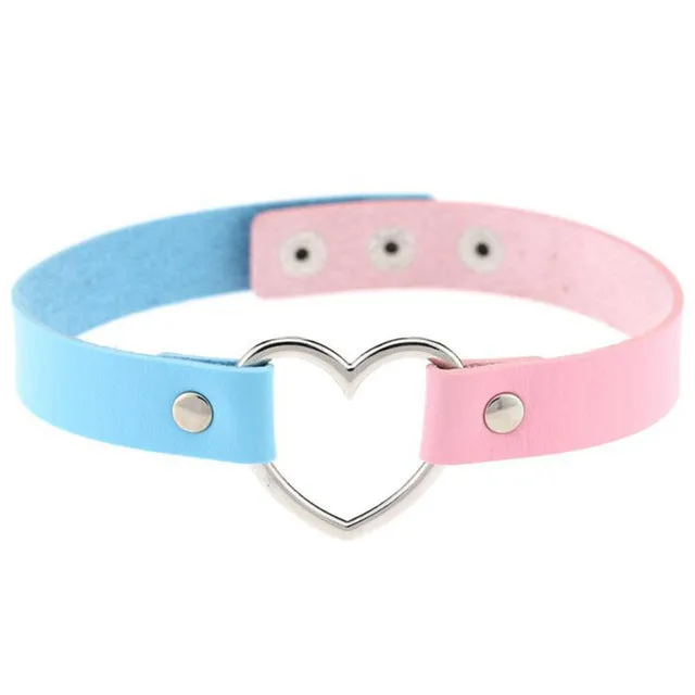 Gothic Punk Style Multi Color Alloy Heart Pendant PU Leather Choker Necklace Collar 90s Grunge Heart Choker