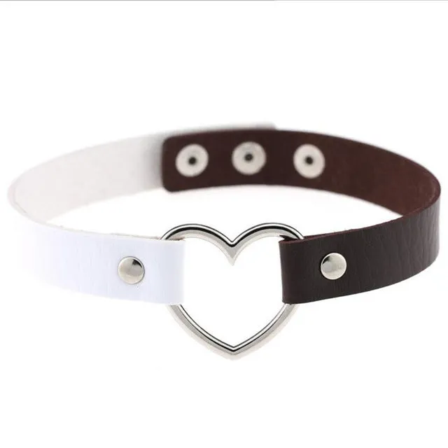 Gothic Punk Style Multi Color Alloy Heart Pendant PU Leather Choker Necklace Collar 90s Grunge Heart Choker