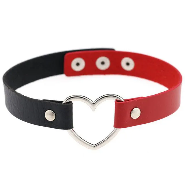 Gothic Punk Style Multi Color Alloy Heart Pendant PU Leather Choker Necklace Collar 90s Grunge Heart Choker
