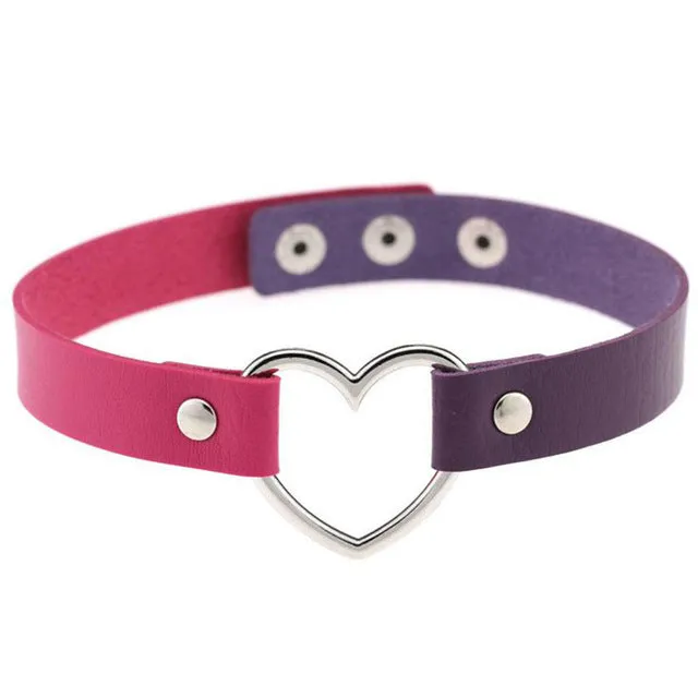 Gothic Punk Style Multi Color Alloy Heart Pendant PU Leather Choker Necklace Collar 90s Grunge Heart Choker