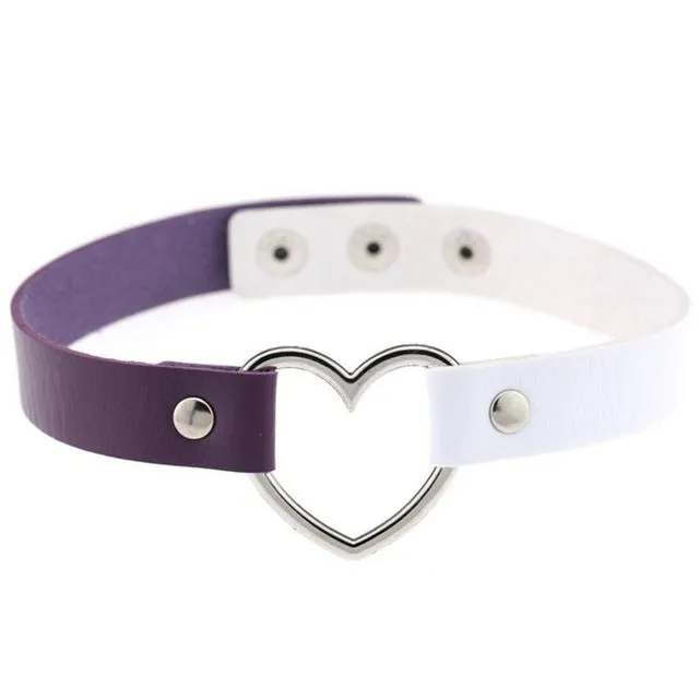 Gothic Punk Style Multi Color Alloy Heart Pendant PU Leather Choker Necklace Collar 90s Grunge Heart Choker