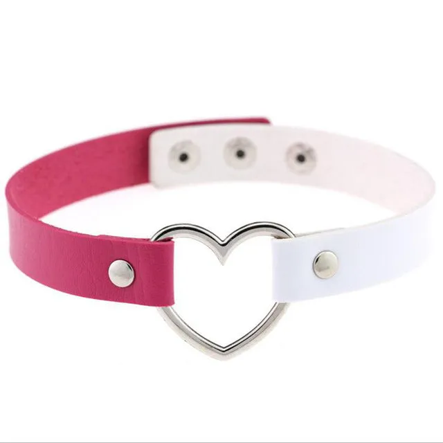Gothic Punk Style Multi Color Alloy Heart Pendant PU Leather Choker Necklace Collar 90s Grunge Heart Choker