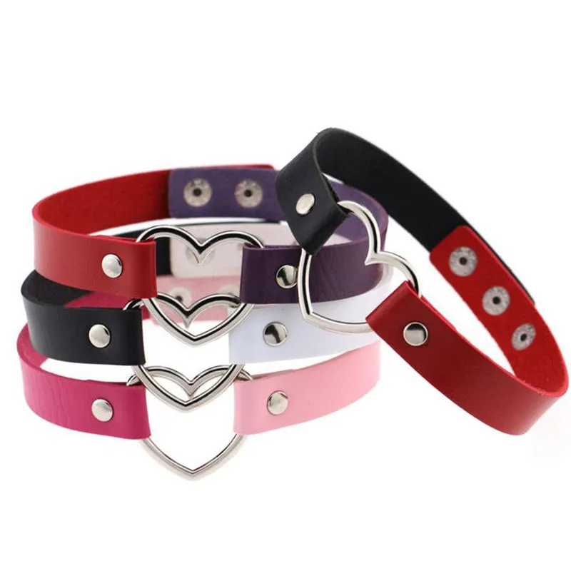 Gothic Punk Style Multi Color Alloy Heart Pendant PU Leather Choker Necklace Collar 90s Grunge Heart Choker