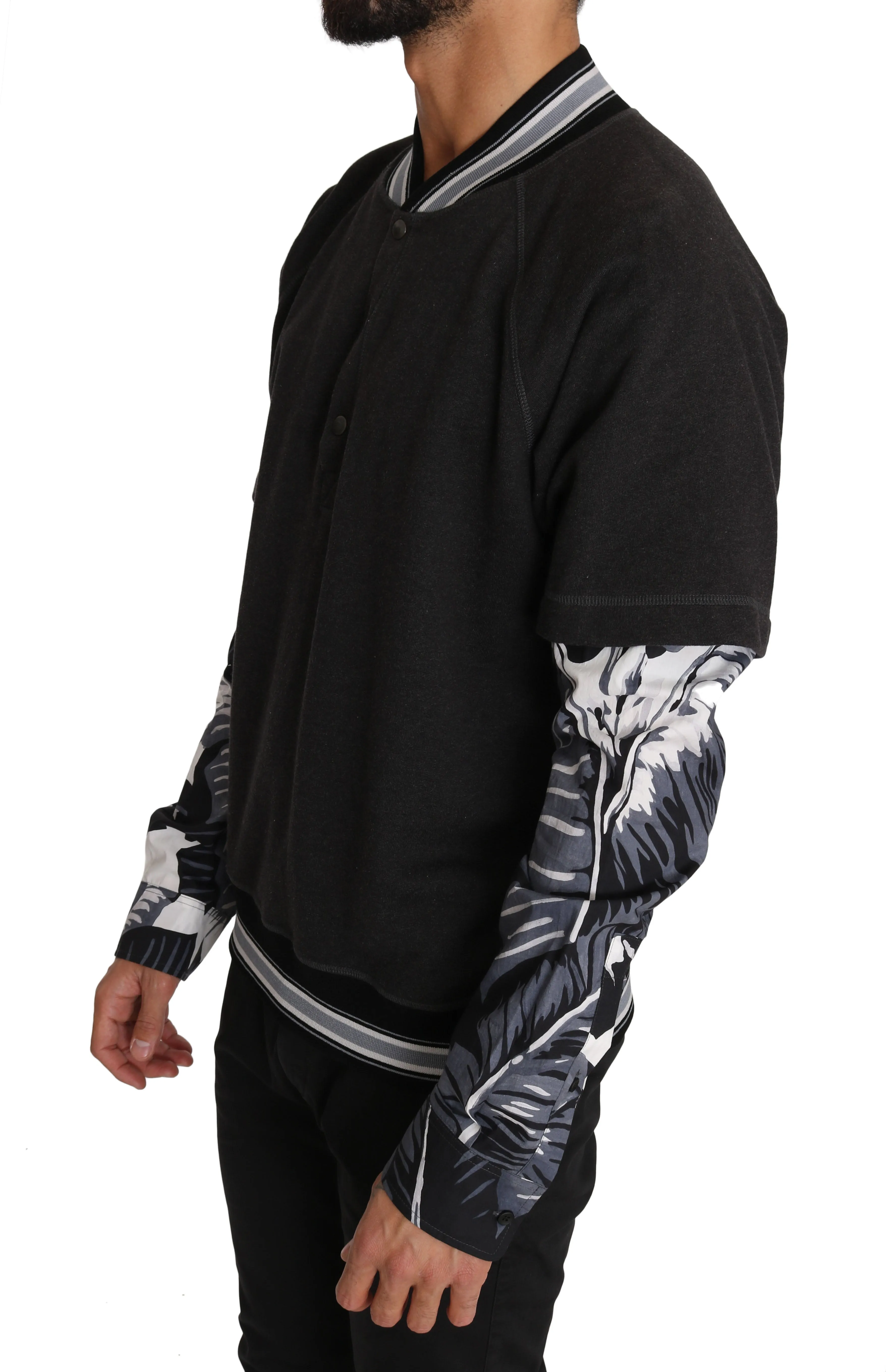 Gray Cotton Leaves Print Henley Sweater