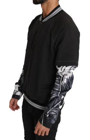 Gray Cotton Leaves Print Henley Sweater