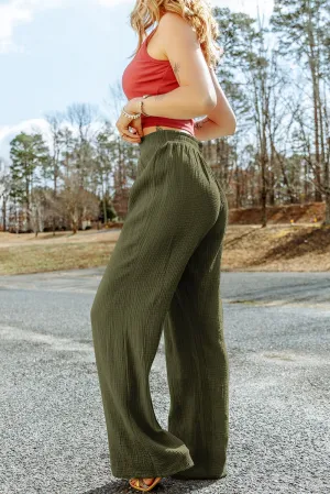 Green Crinkle Textured Wide Leg Pants