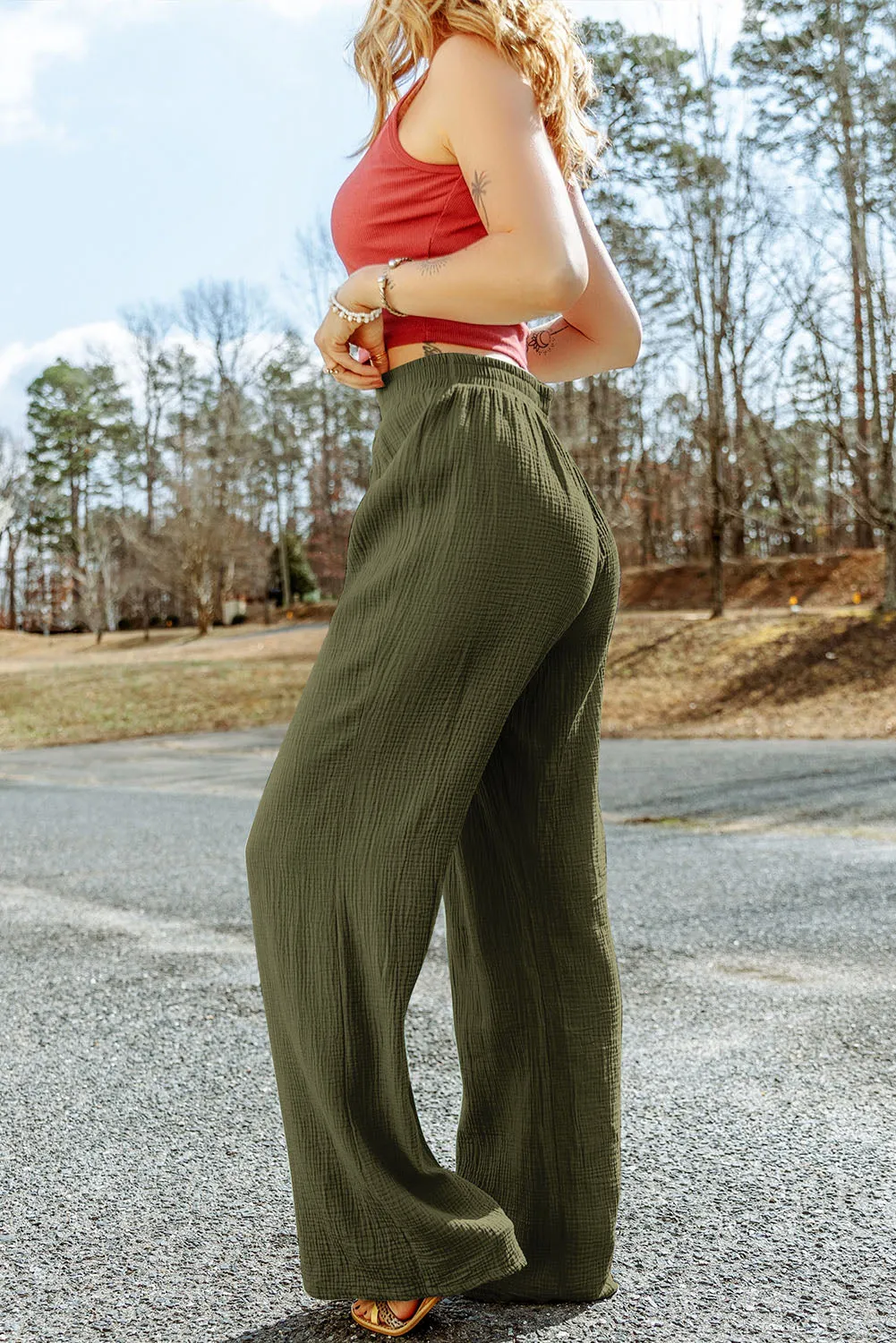 Green Crinkle Textured Wide Leg Pants