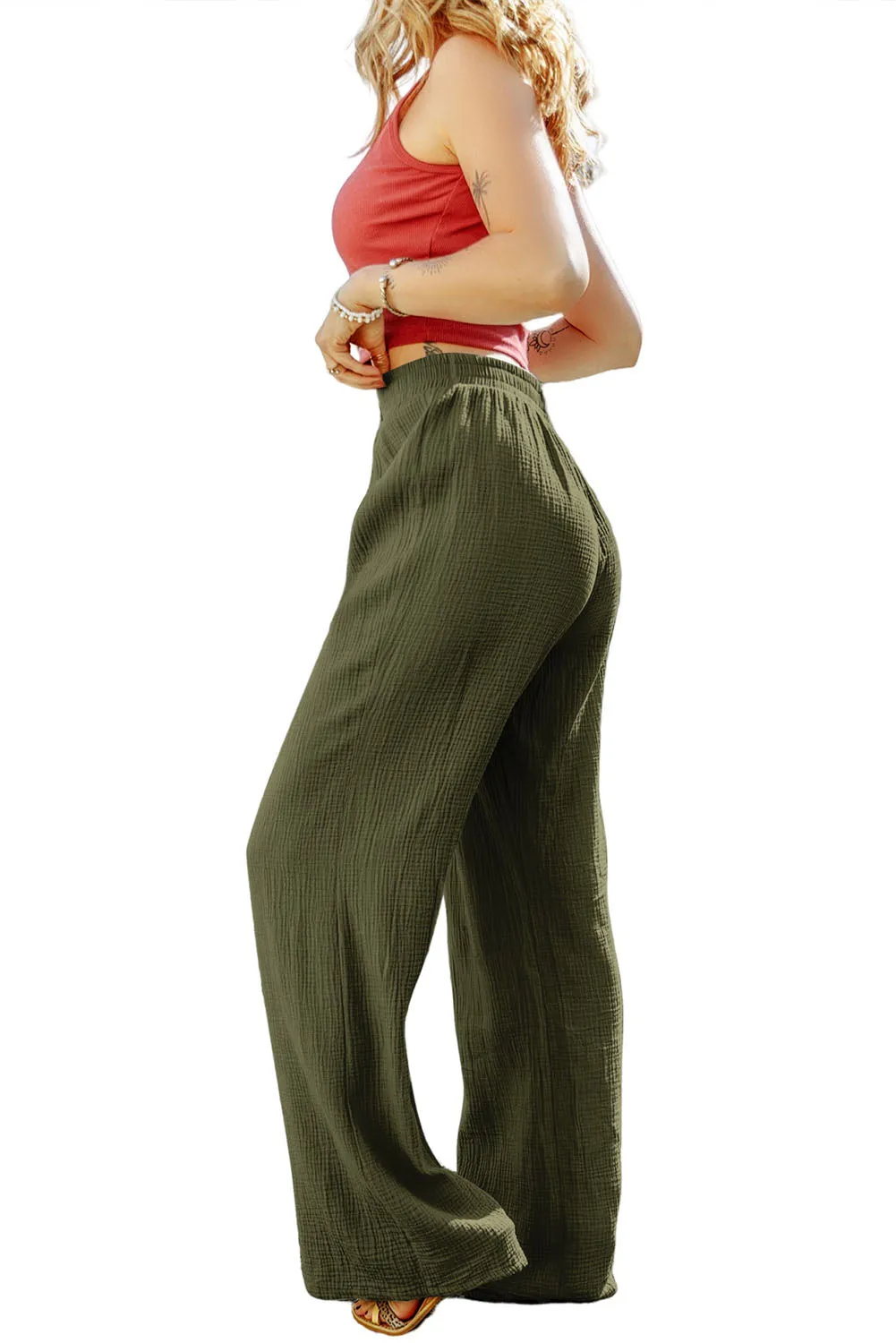 Green Crinkle Textured Wide Leg Pants