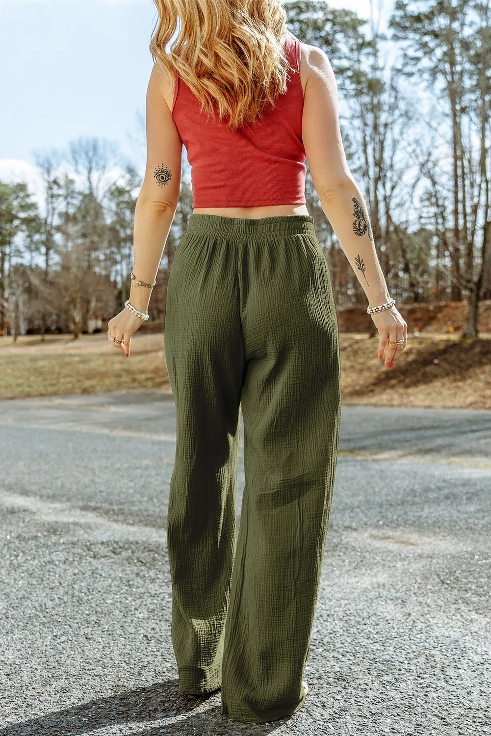 Green Crinkle Textured Wide Leg Pants