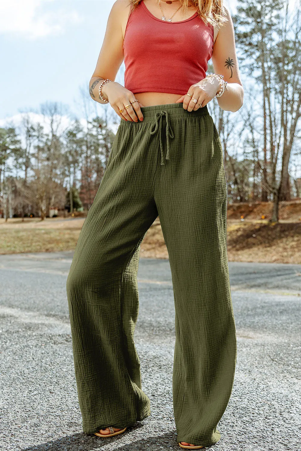Green Crinkle Textured Wide Leg Pants