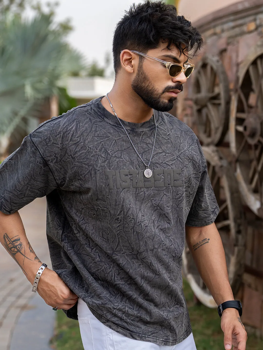 Greyish Brown Stone Wash Puff Printed Oversized Half Sleeves T-shirt