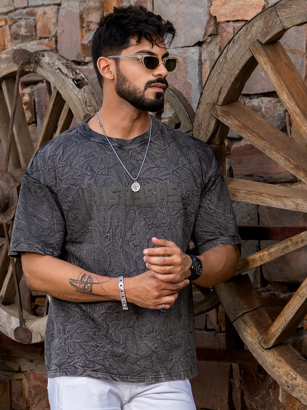 Greyish Brown Stone Wash Puff Printed Oversized Half Sleeves T-shirt