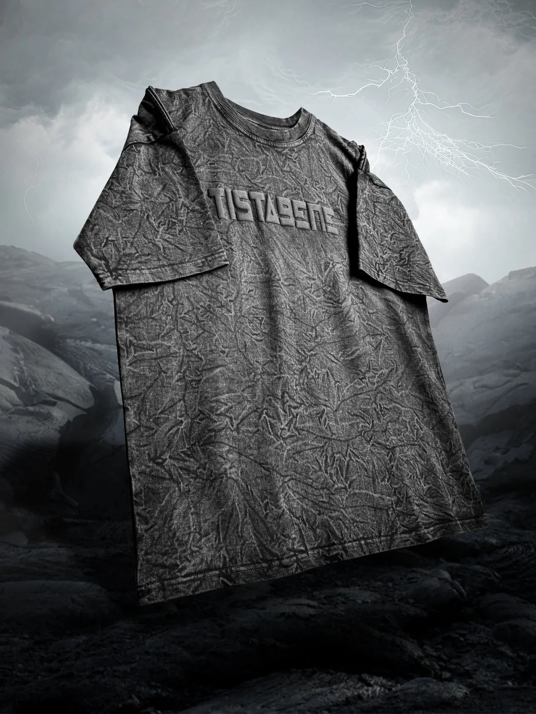 Greyish Brown Stone Wash Puff Printed Oversized Half Sleeves T-shirt