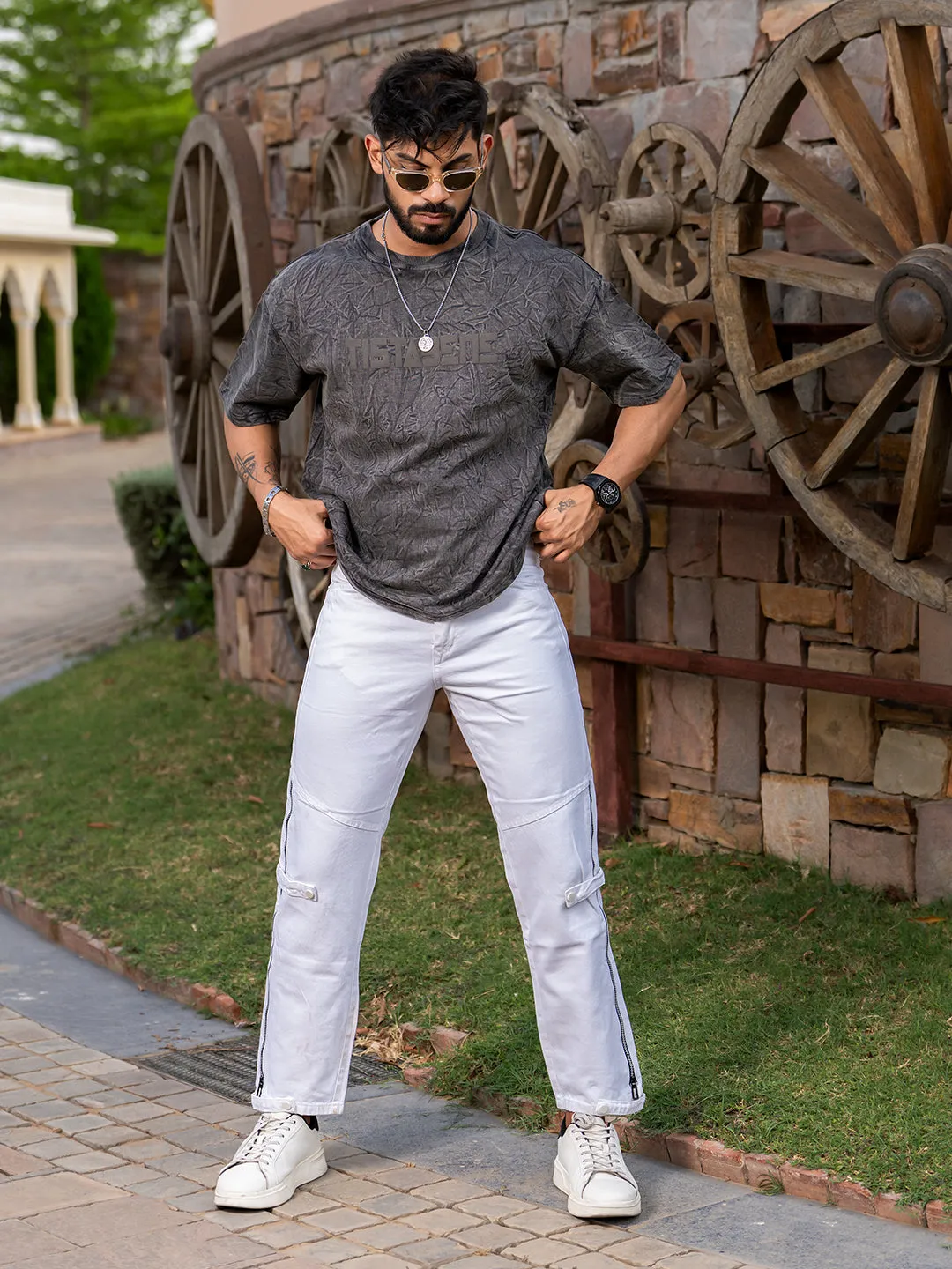 Greyish Brown Stone Wash Puff Printed Oversized Half Sleeves T-shirt