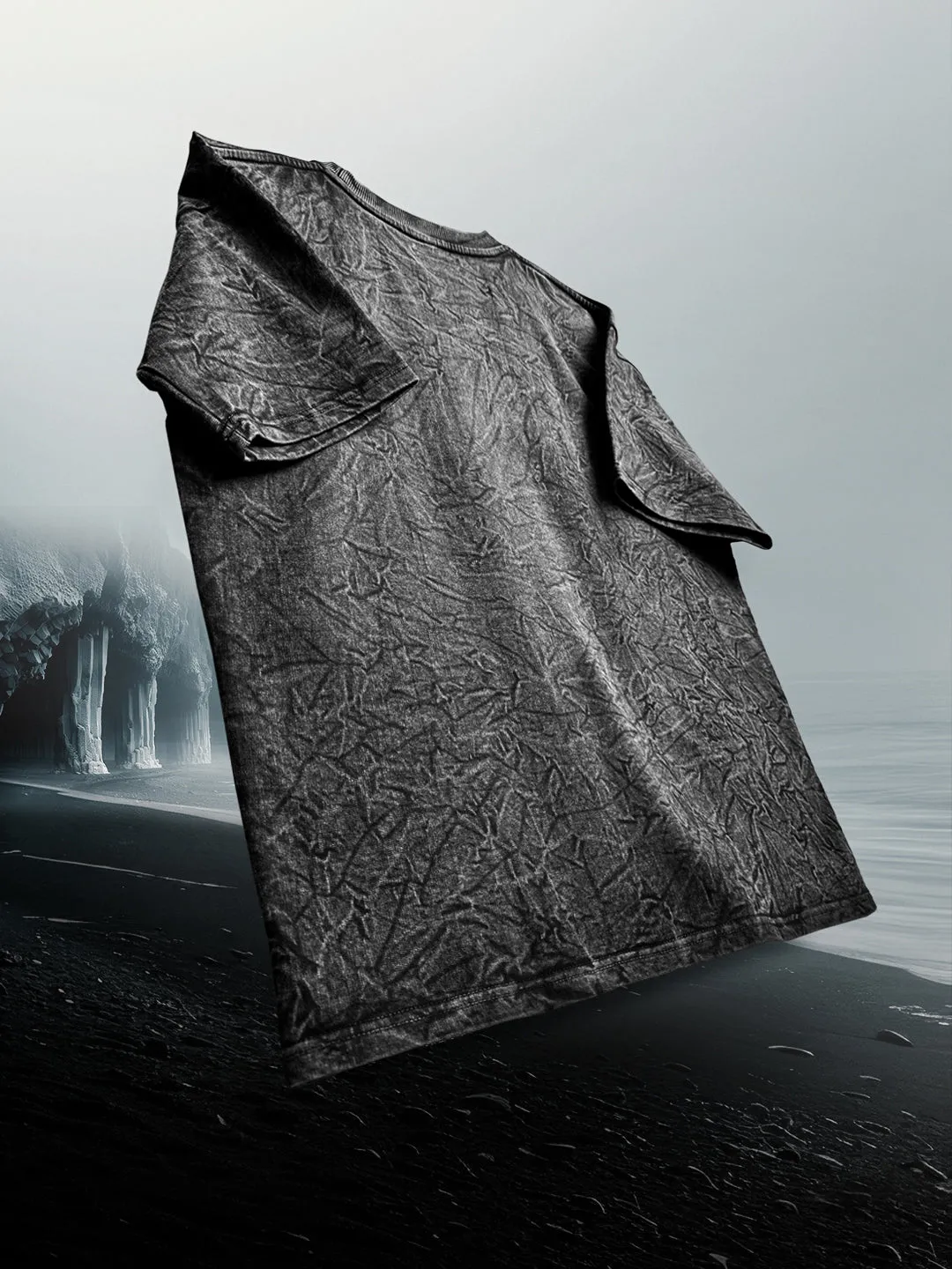 Greyish Brown Stone Wash Puff Printed Oversized Half Sleeves T-shirt