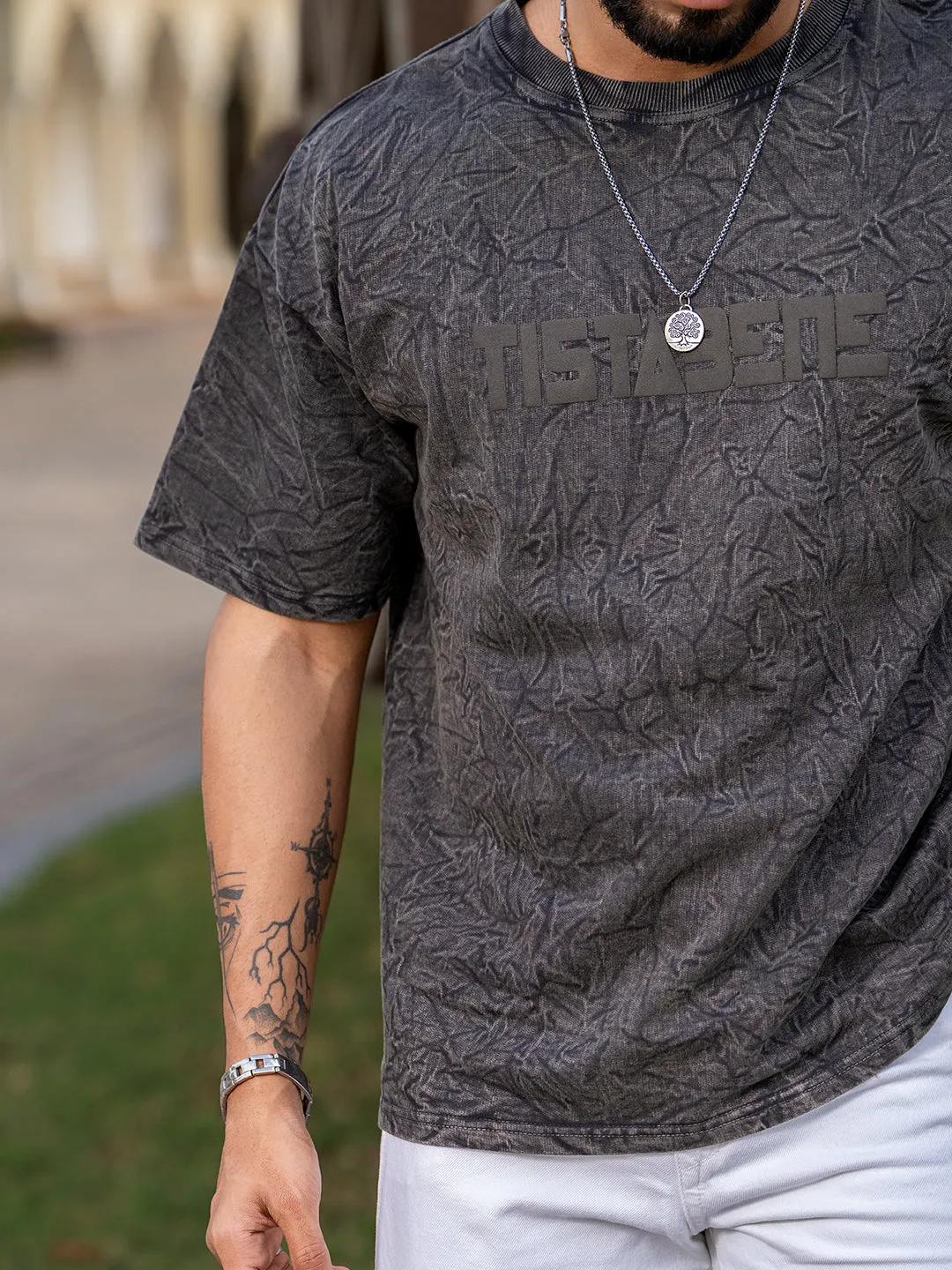 Greyish Brown Stone Wash Puff Printed Oversized Half Sleeves T-shirt