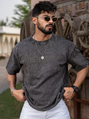 Greyish Brown Stone Wash Puff Printed Oversized Half Sleeves T-shirt