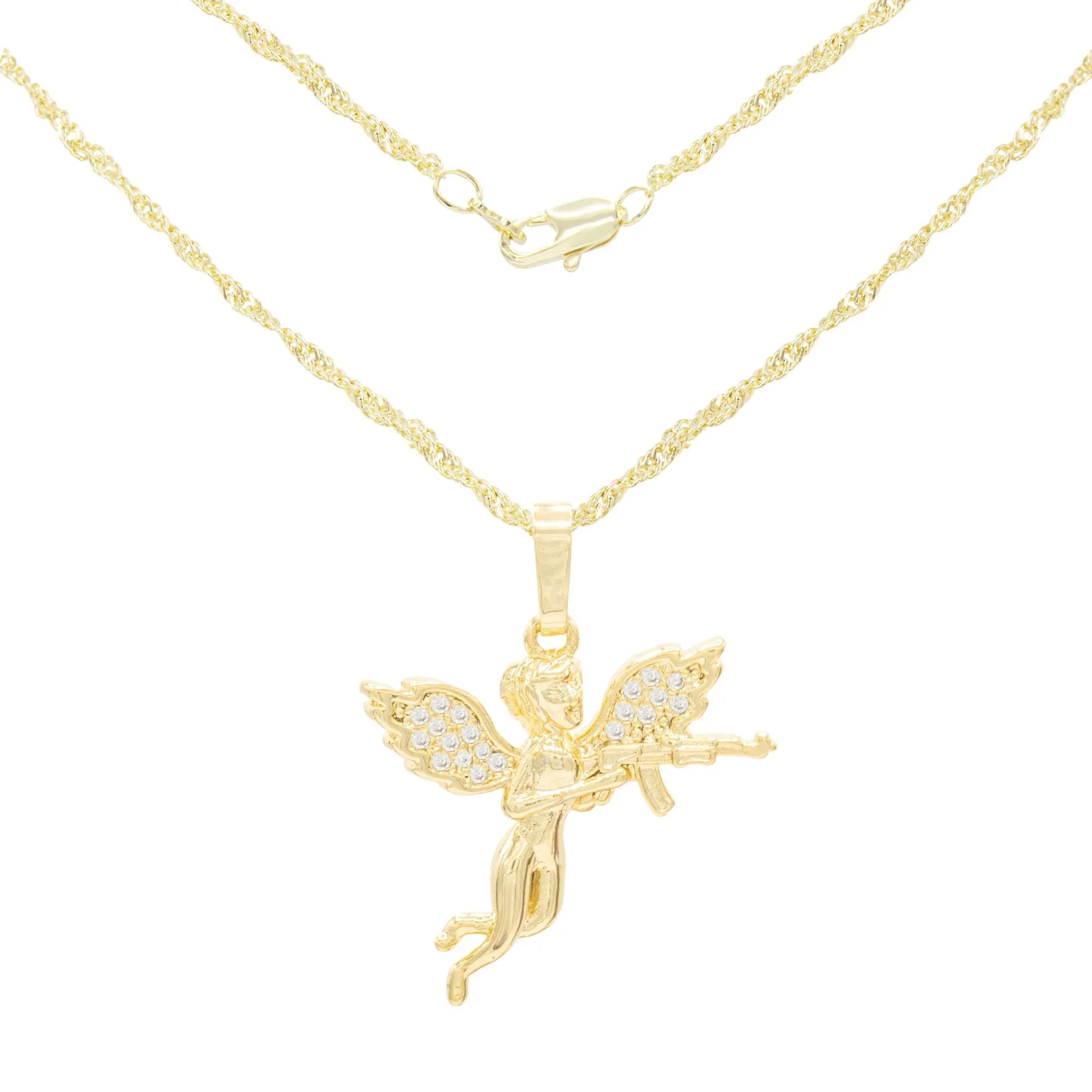 Guardian Angel Cubic Zirconia Pendant 14K Gold Filled Necklace Set