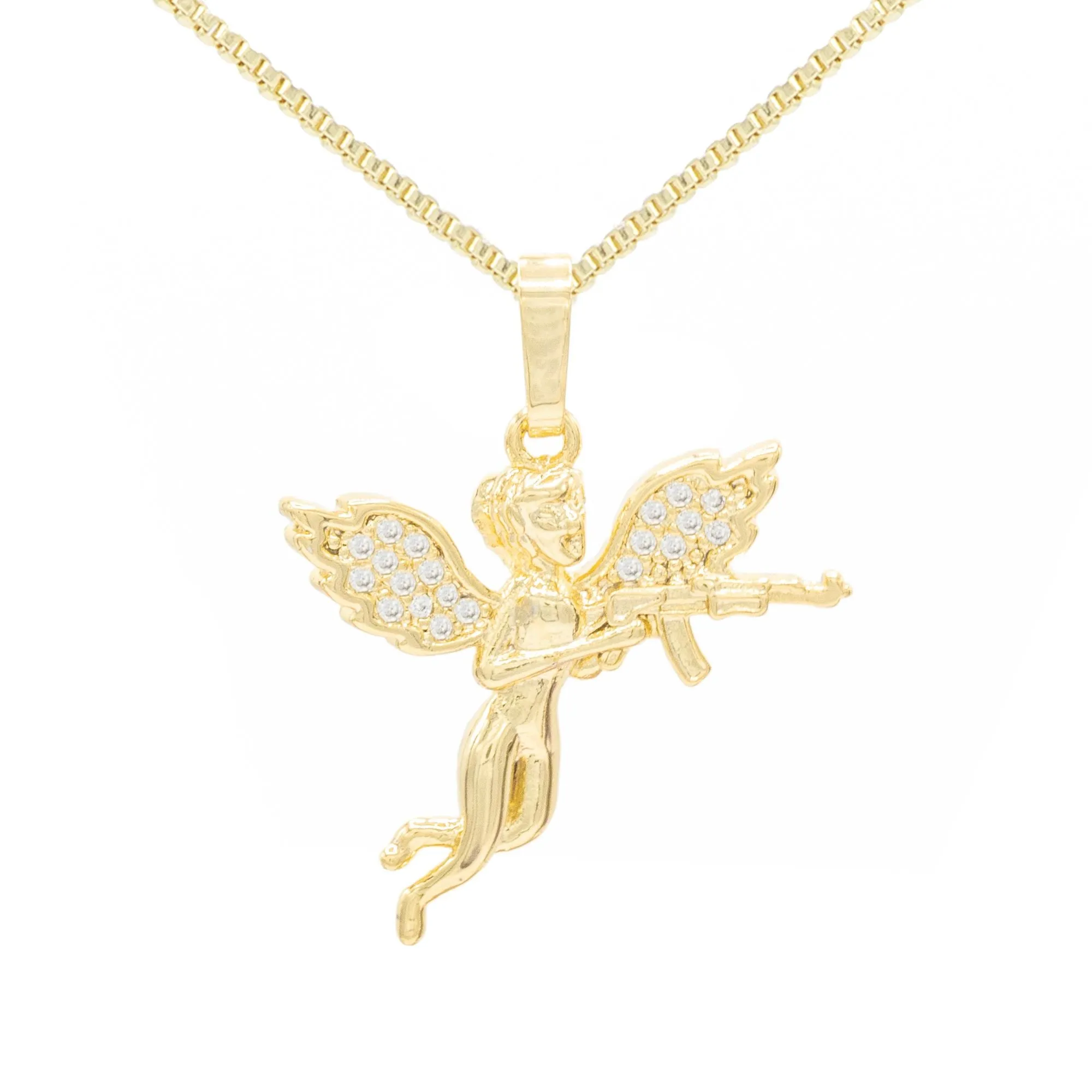 Guardian Angel Cubic Zirconia Pendant 14K Gold Filled Necklace Set