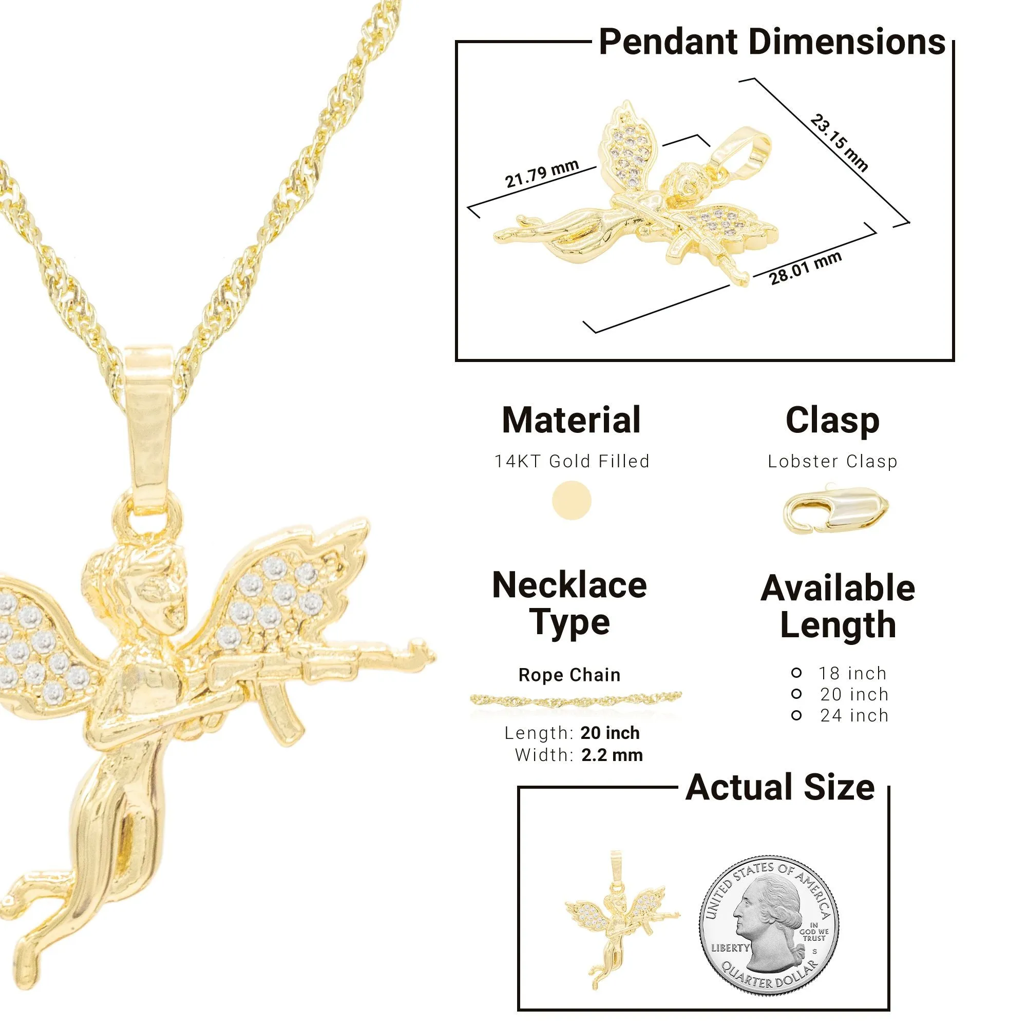 Guardian Angel Cubic Zirconia Pendant 14K Gold Filled Necklace Set