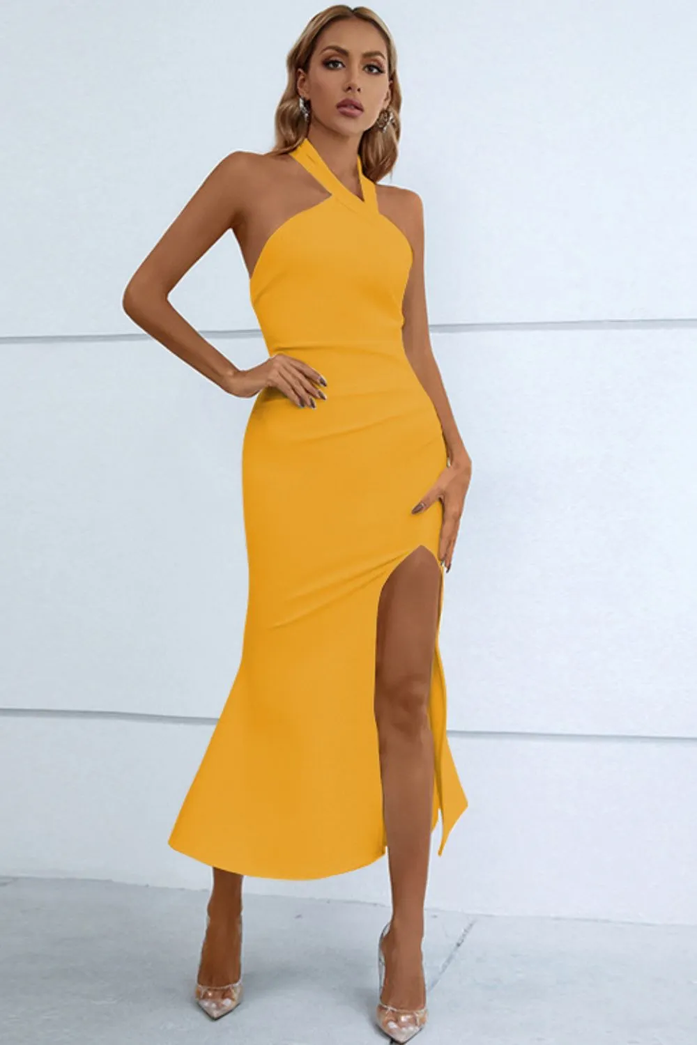 Halter Neck Split Fishtail Bodycon Cutout Midi Dress