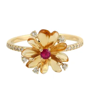 Handcarved Mixstone Diamond 18k Yellow Gold Ruby Daisy Ring