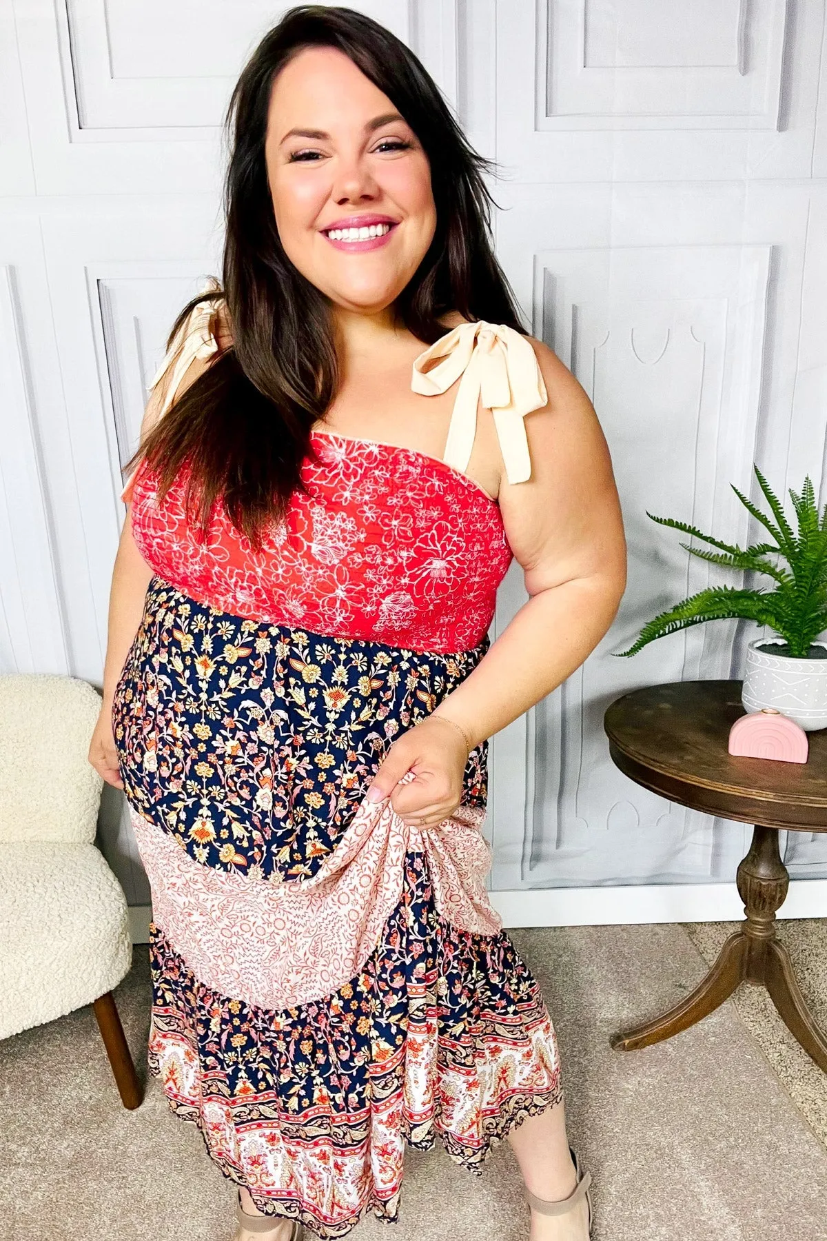 Haptics Vacay Vibes Orange Floral Smocked Tube Top Tiered Maxi Dress