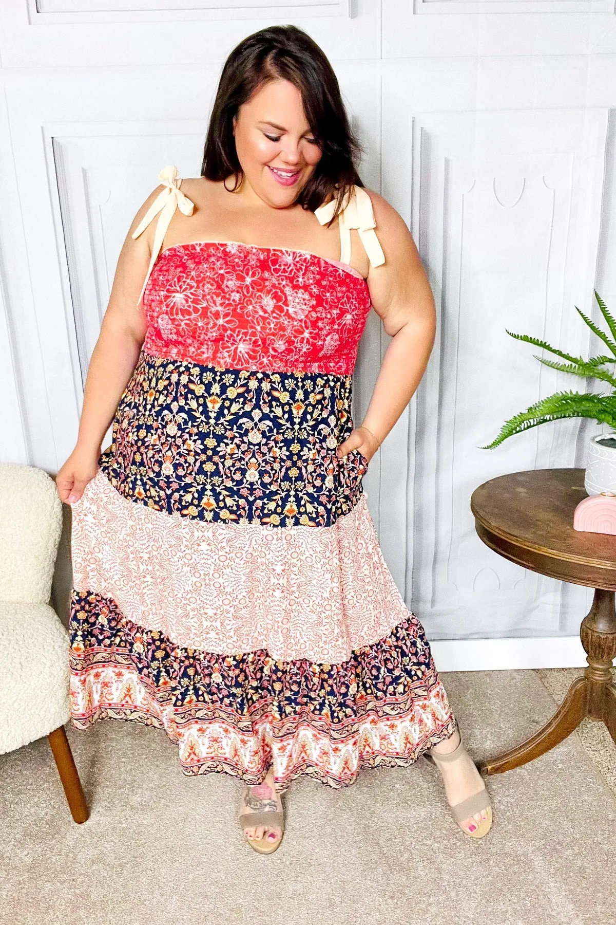 Haptics Vacay Vibes Orange Floral Smocked Tube Top Tiered Maxi Dress