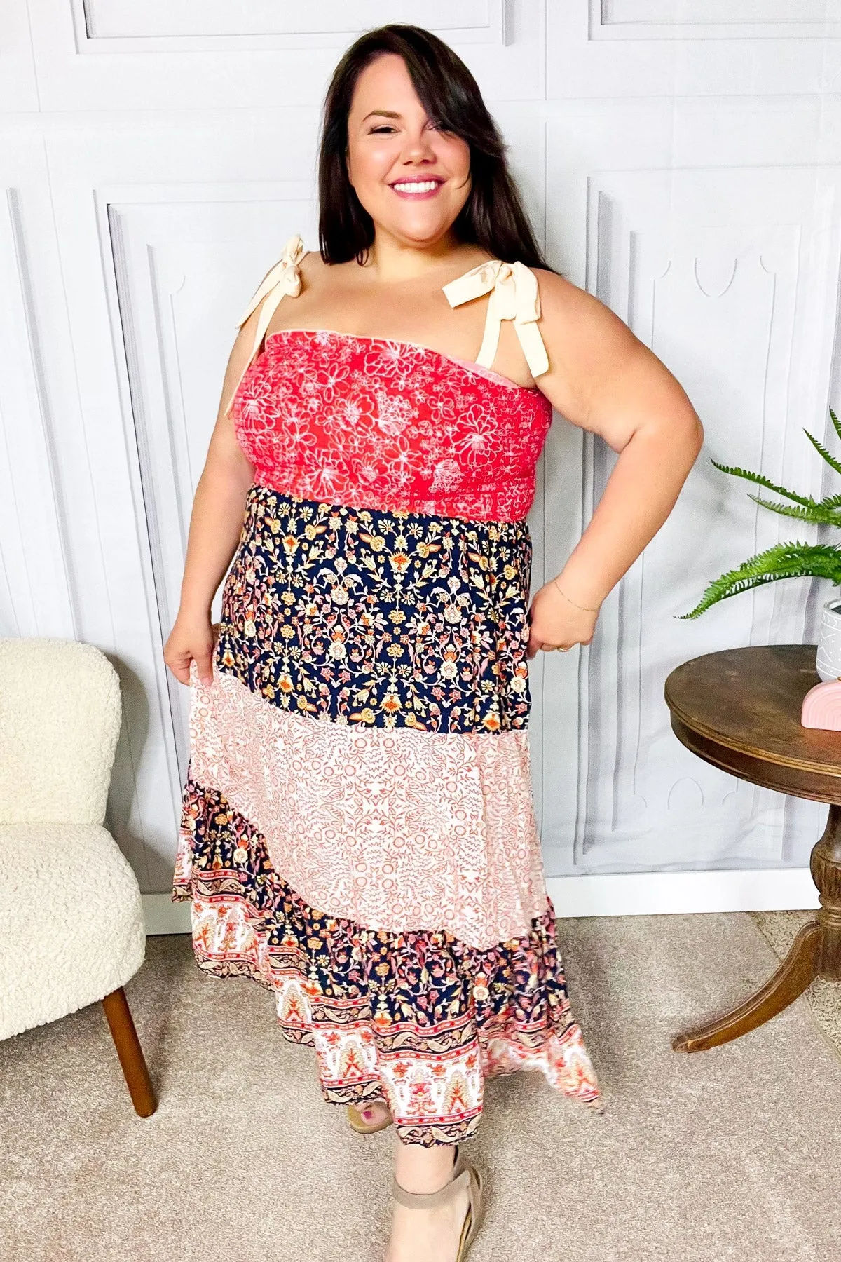 Haptics Vacay Vibes Orange Floral Smocked Tube Top Tiered Maxi Dress