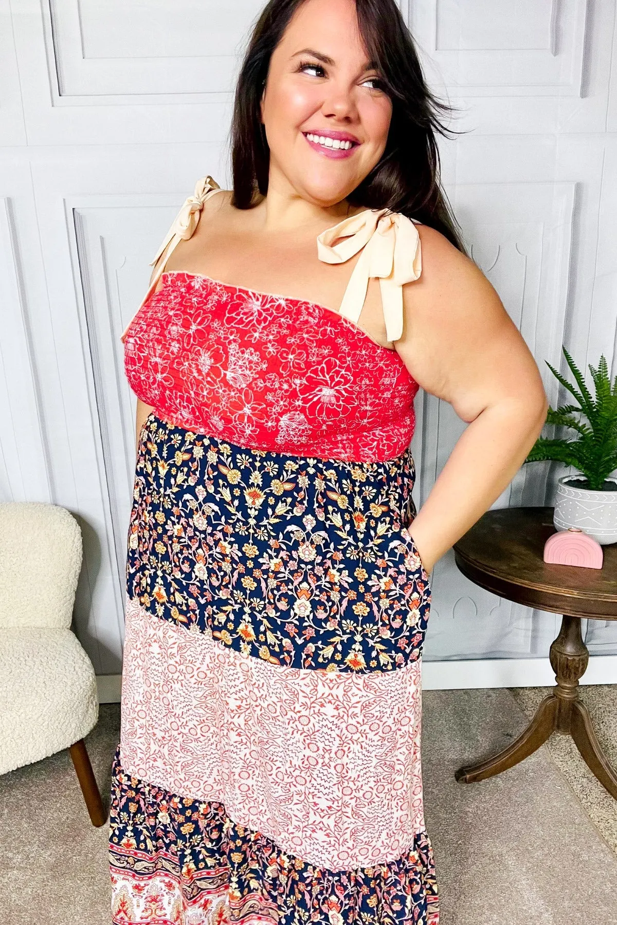 Haptics Vacay Vibes Orange Floral Smocked Tube Top Tiered Maxi Dress