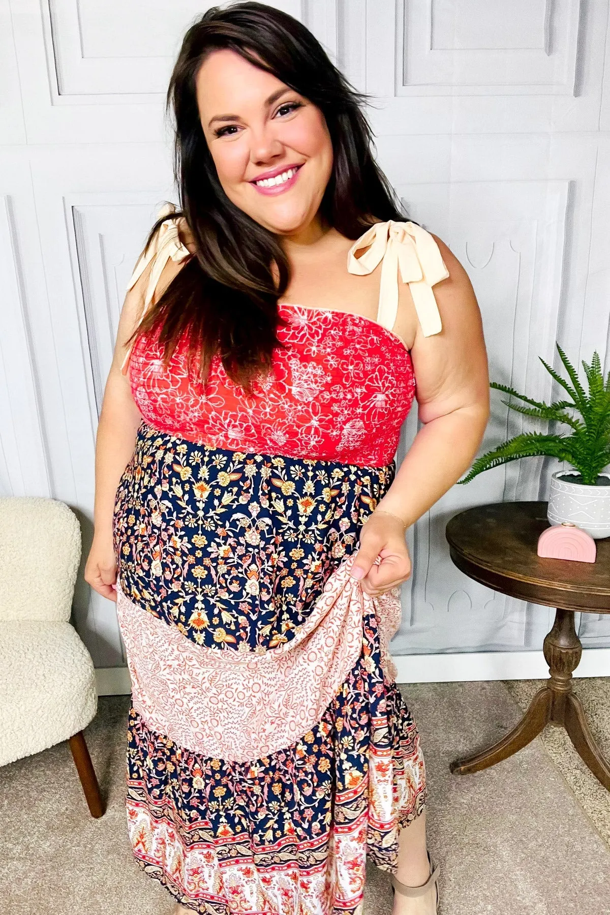 Haptics Vacay Vibes Orange Floral Smocked Tube Top Tiered Maxi Dress