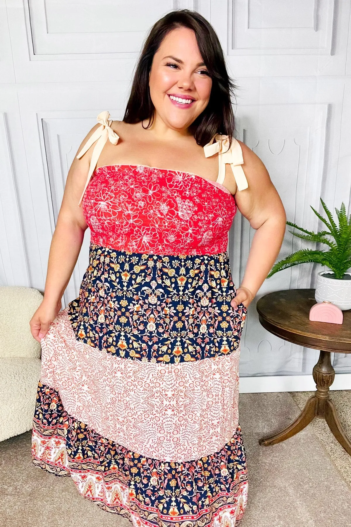 Haptics Vacay Vibes Orange Floral Smocked Tube Top Tiered Maxi Dress