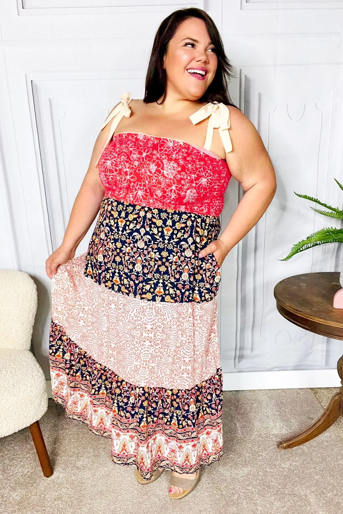 Haptics Vacay Vibes Orange Floral Smocked Tube Top Tiered Maxi Dress