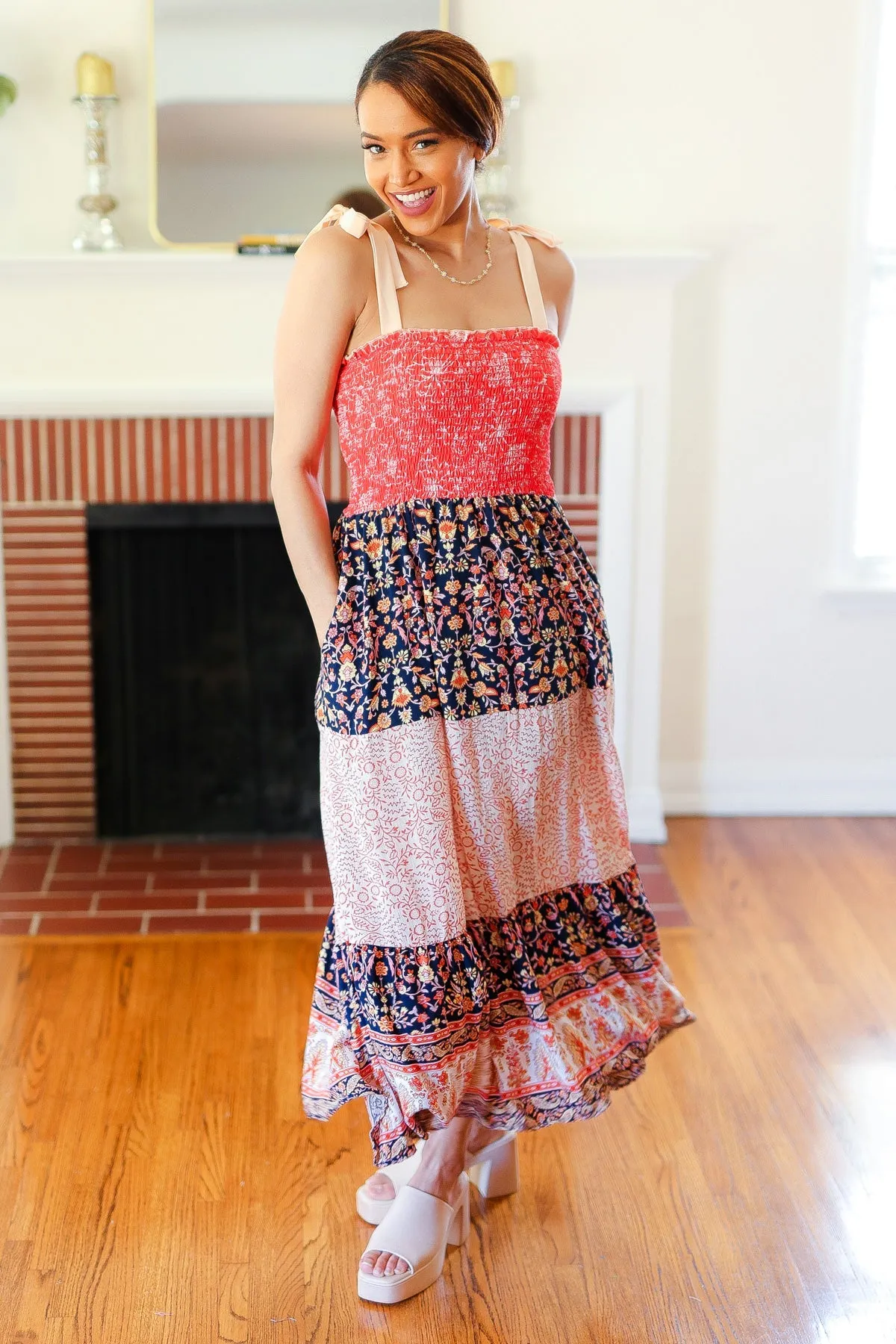 Haptics Vacay Vibes Orange Floral Smocked Tube Top Tiered Maxi Dress