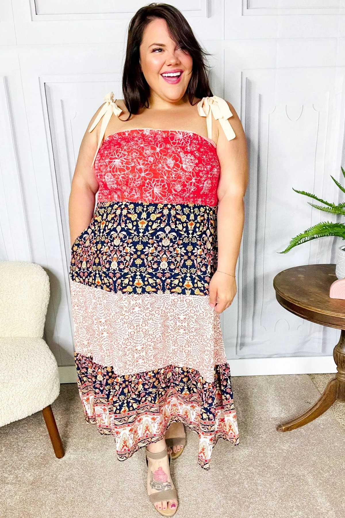 Haptics Vacay Vibes Orange Floral Smocked Tube Top Tiered Maxi Dress