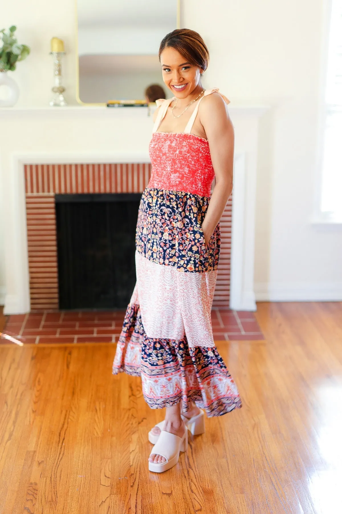 Haptics Vacay Vibes Orange Floral Smocked Tube Top Tiered Maxi Dress