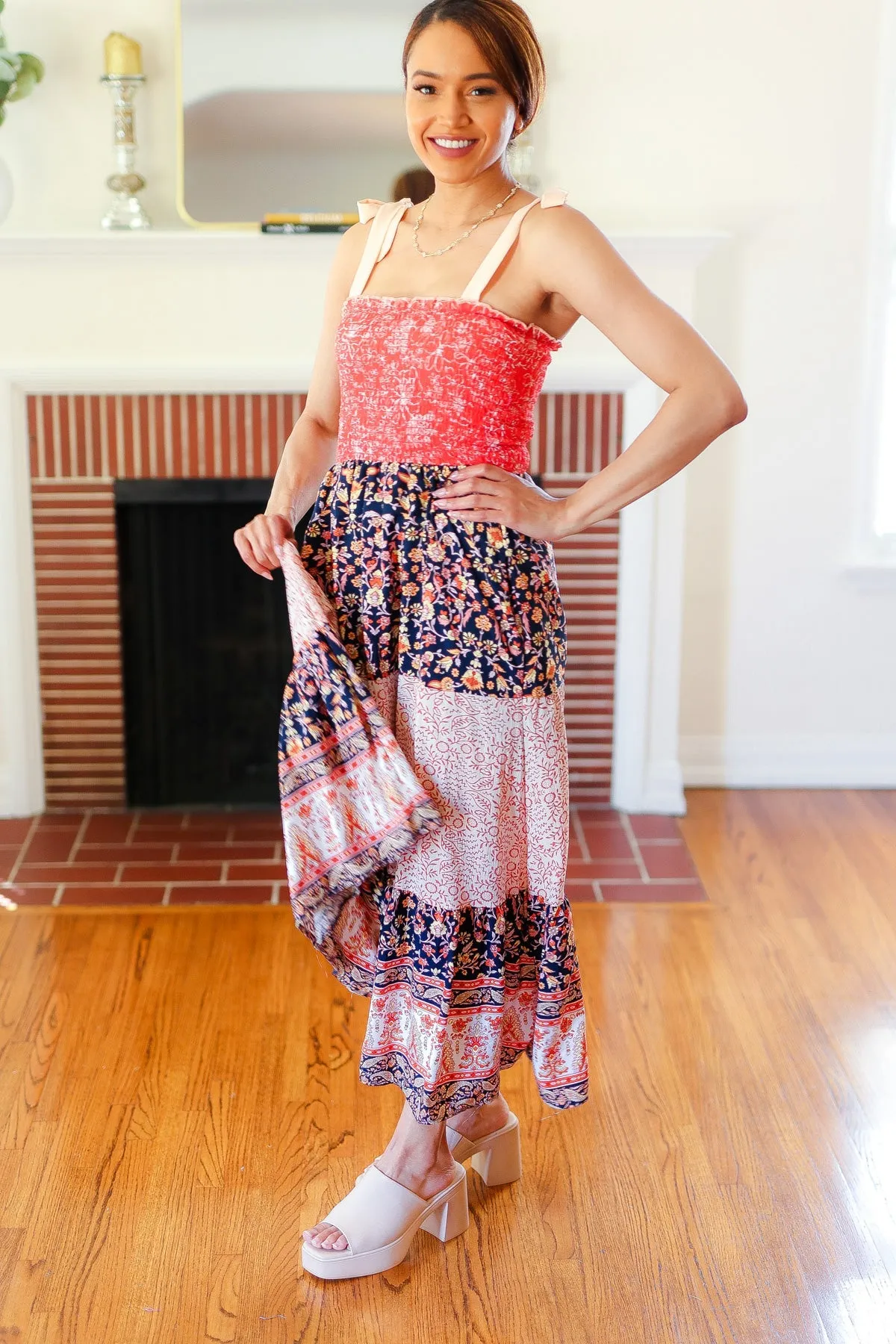 Haptics Vacay Vibes Orange Floral Smocked Tube Top Tiered Maxi Dress
