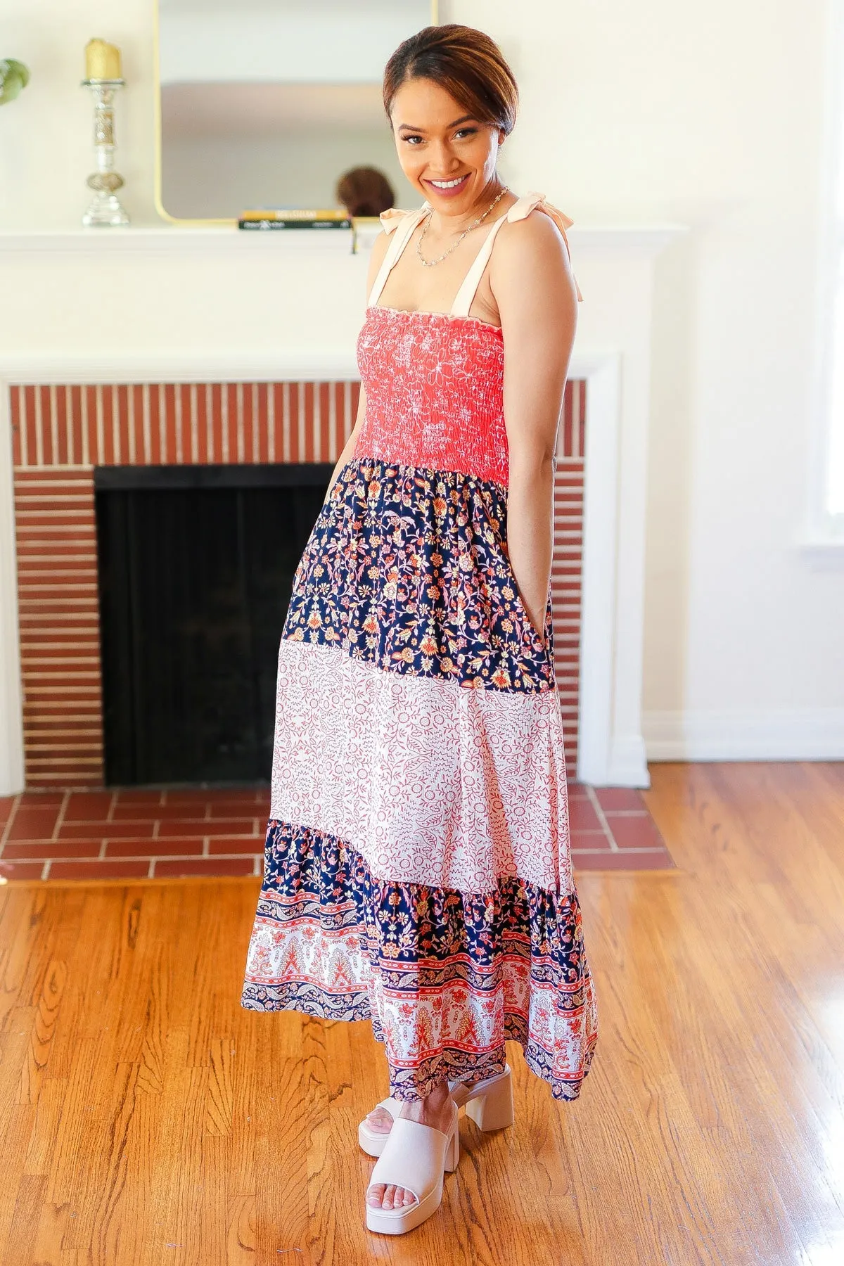 Haptics Vacay Vibes Orange Floral Smocked Tube Top Tiered Maxi Dress