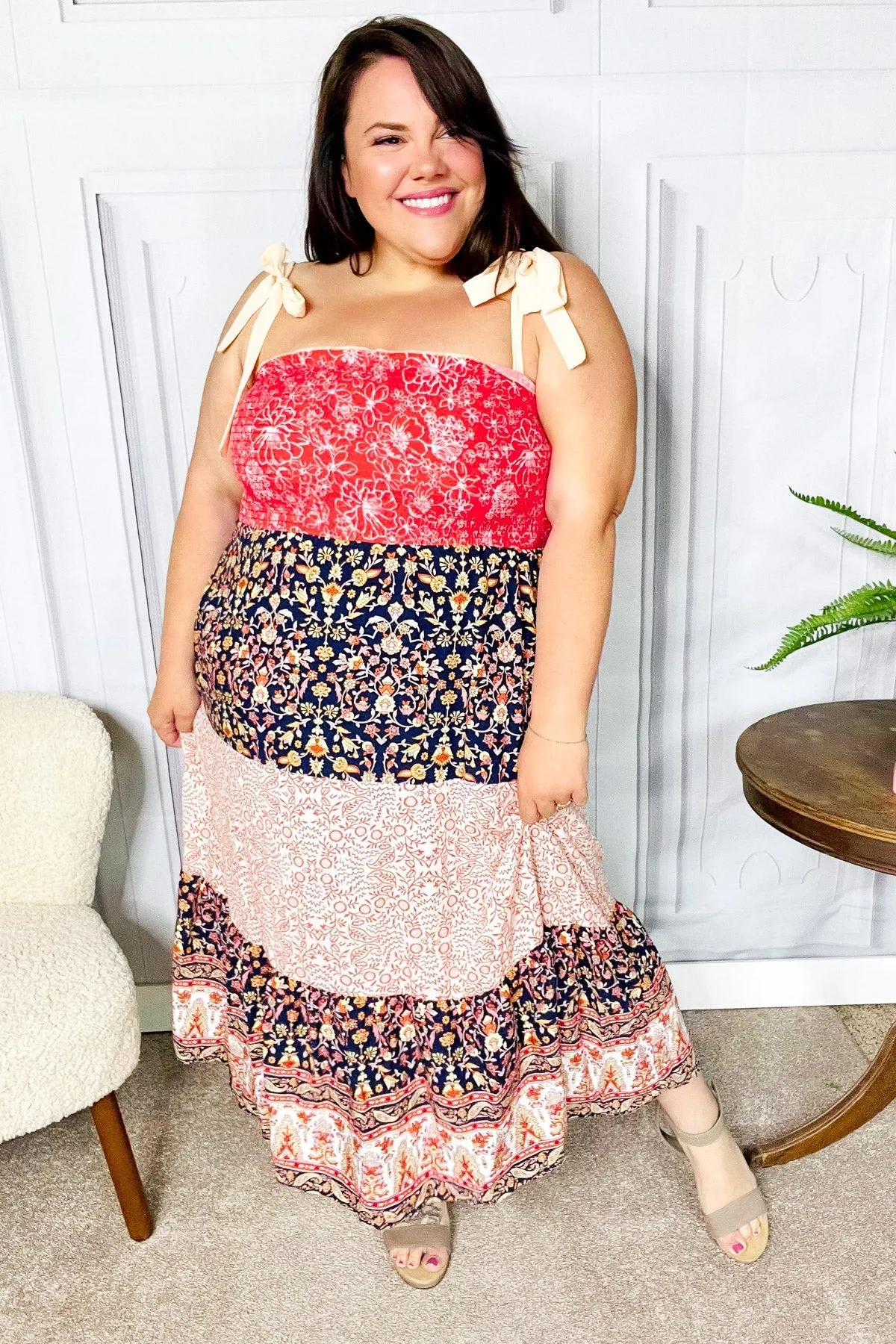 Haptics Vacay Vibes Orange Floral Smocked Tube Top Tiered Maxi Dress