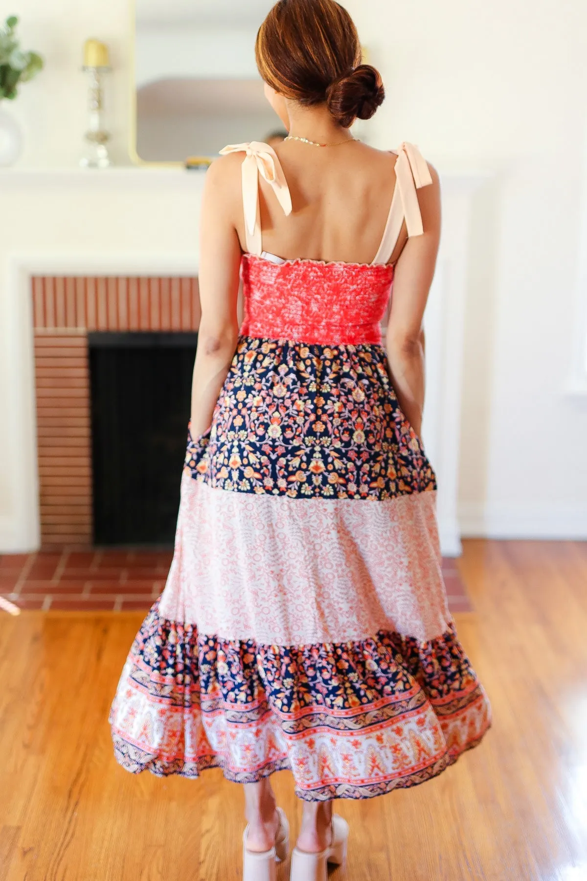 Haptics Vacay Vibes Orange Floral Smocked Tube Top Tiered Maxi Dress
