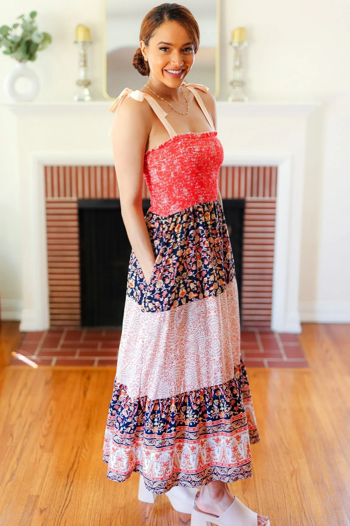 Haptics Vacay Vibes Orange Floral Smocked Tube Top Tiered Maxi Dress