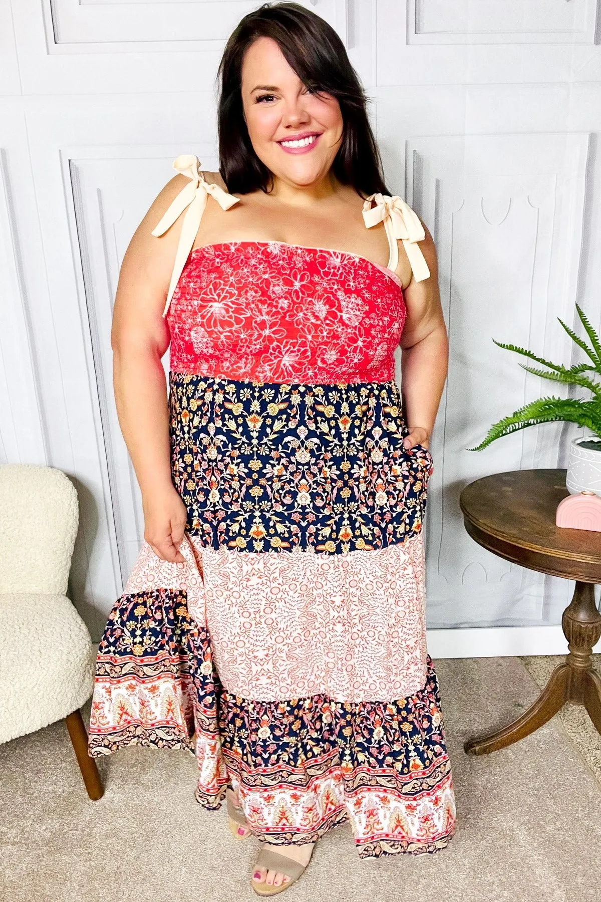 Haptics Vacay Vibes Orange Floral Smocked Tube Top Tiered Maxi Dress