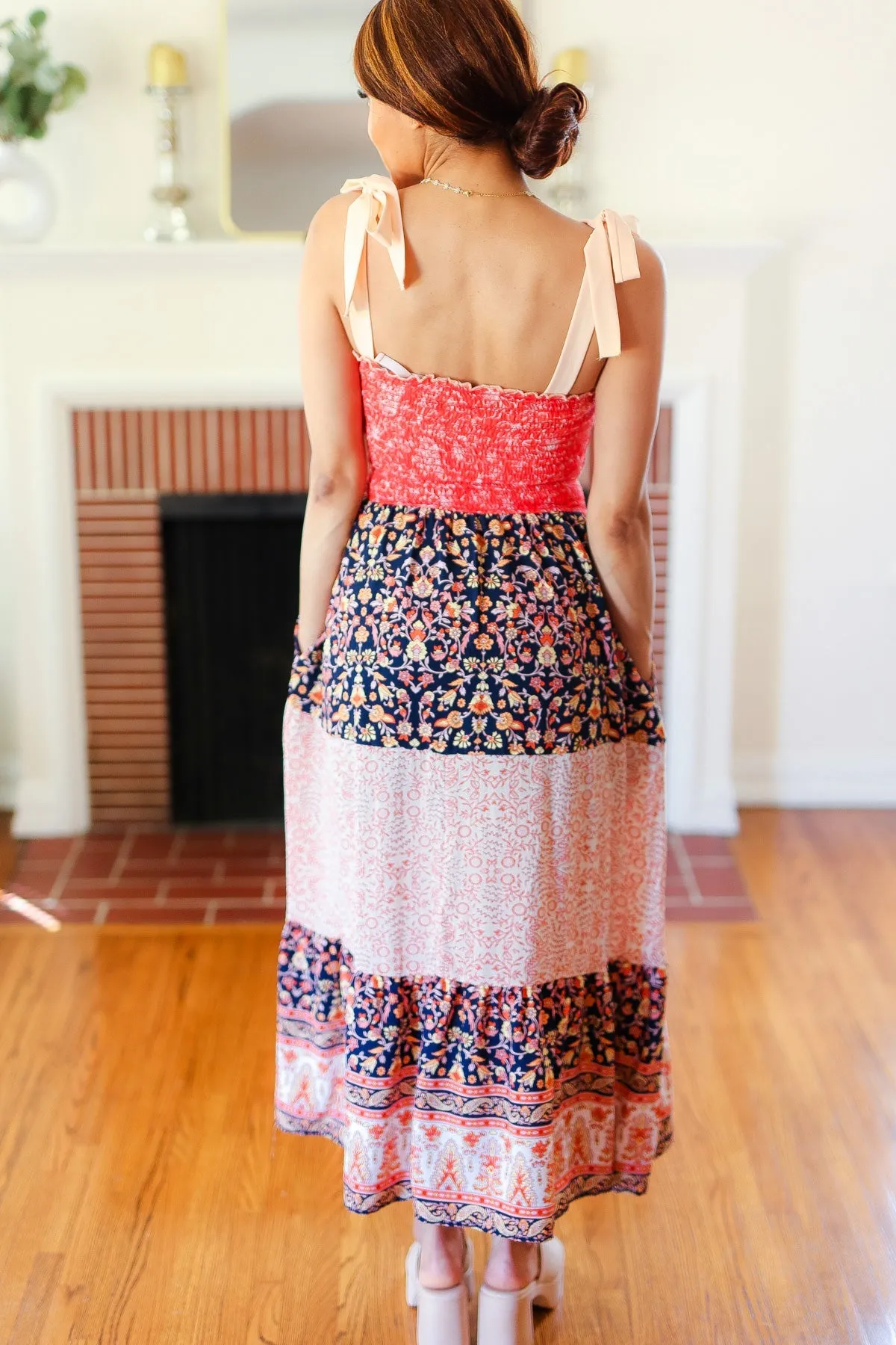 Haptics Vacay Vibes Orange Floral Smocked Tube Top Tiered Maxi Dress