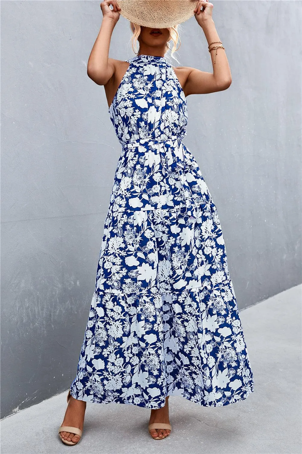 Hazel Blues® | Printed Sleeveless Tie Waist Maxi Dress