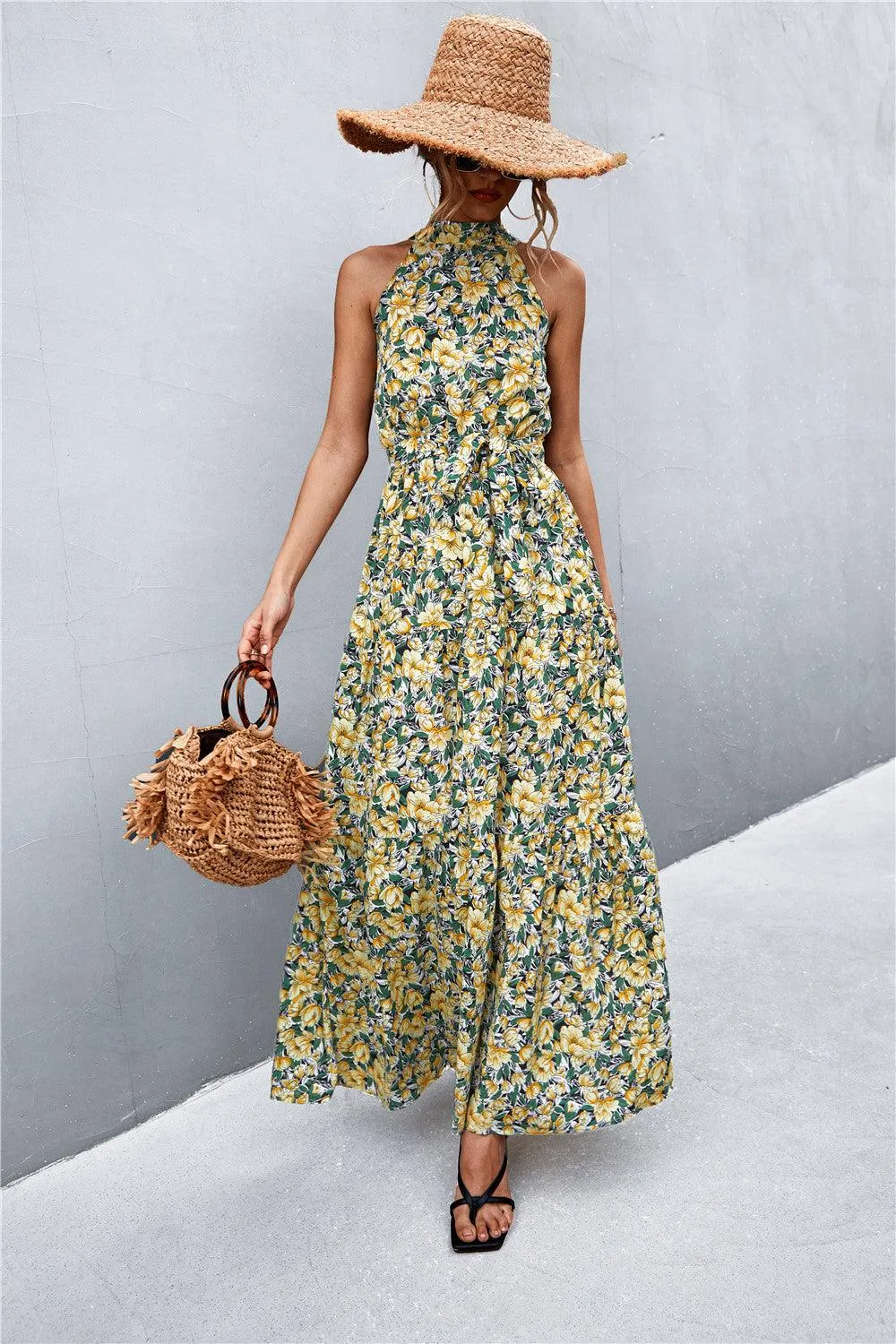 Hazel Blues® | Printed Sleeveless Tie Waist Maxi Dress