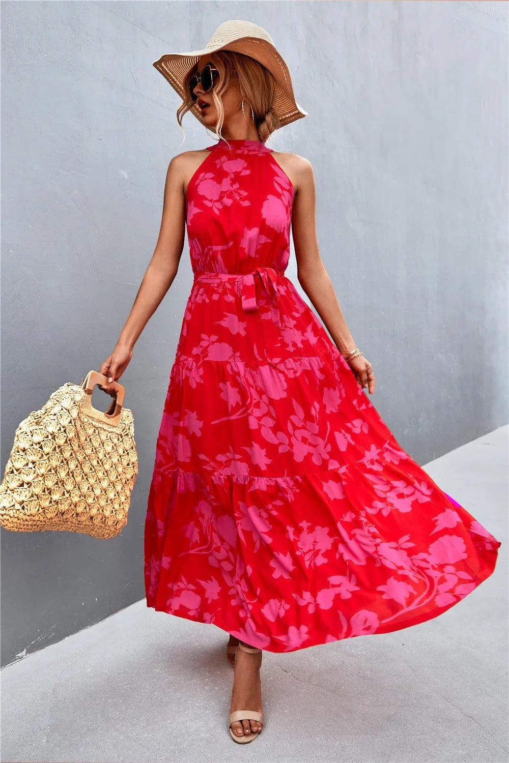 Hazel Blues® | Printed Sleeveless Tie Waist Maxi Dress