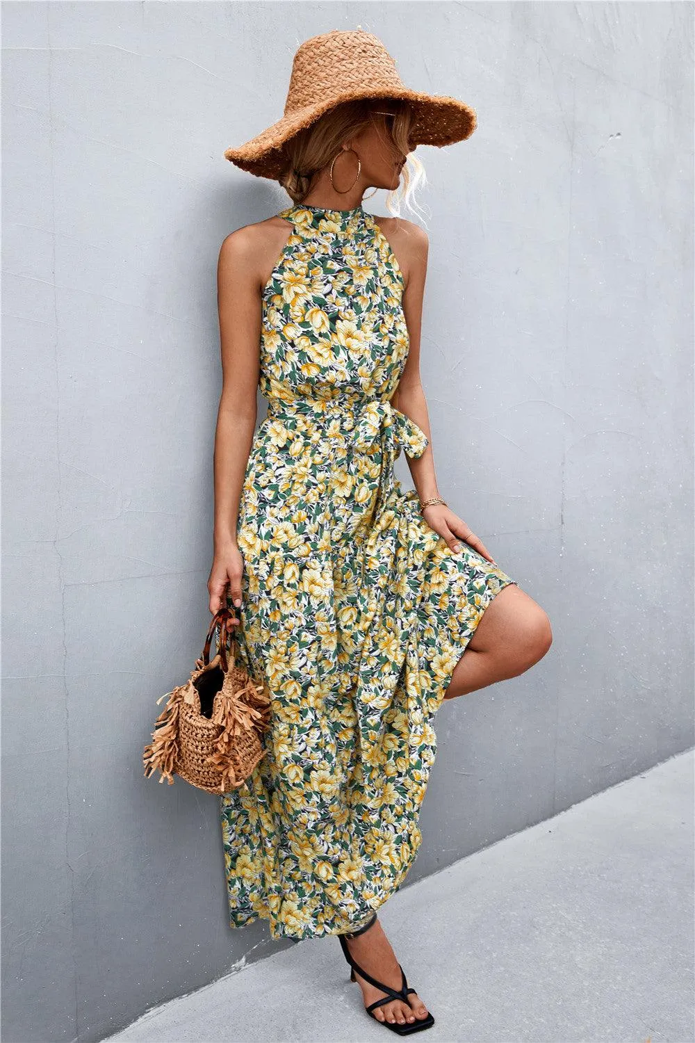 Hazel Blues® | Printed Sleeveless Tie Waist Maxi Dress